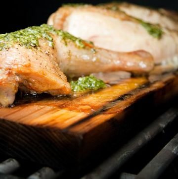 pesto chicken on a cedar plank