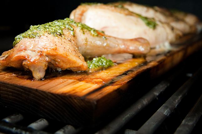 pesto chicken on a cedar plank