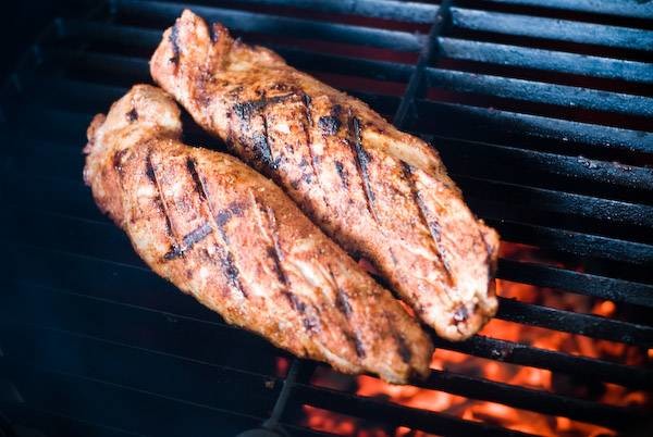 Dry rubbed pork tenderloin on the grill