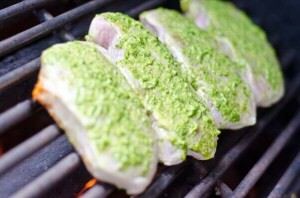 Wet rubbed basil pork chops on the grill