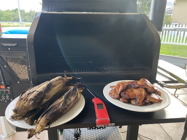 pellet grill with wings and corn